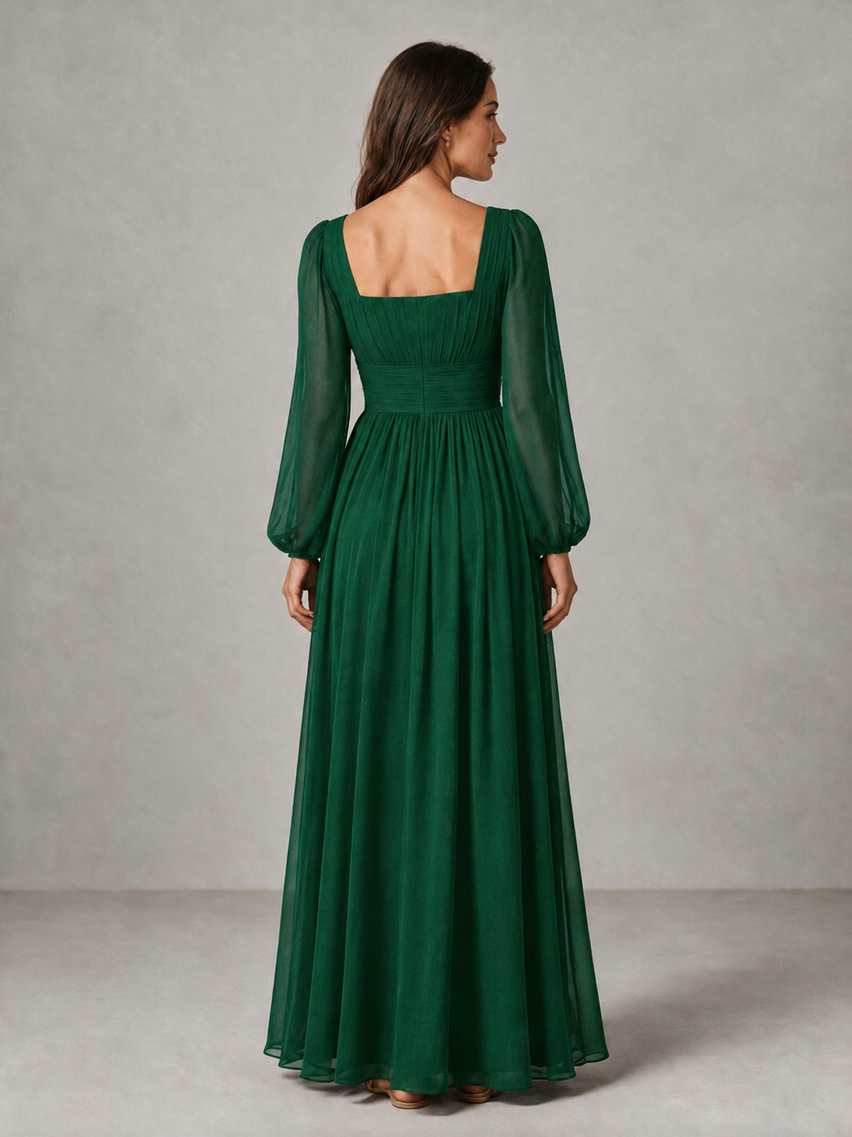 BOLODOO Emerald Green Square Neck Long Sleeve Chiffon Bridesmaid Dress - Emerald Green - Emerald Green_2