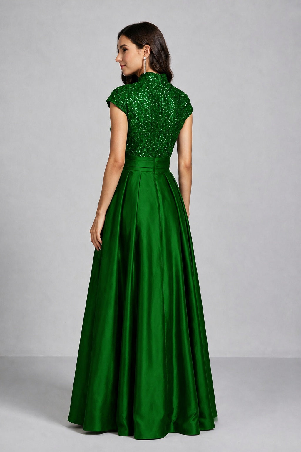 BOLODOO Emerald Green Sequin Embroidered High Neck Cap Sleeve A-Line Ball Gown – Formal Evening Dress - Emerald Green