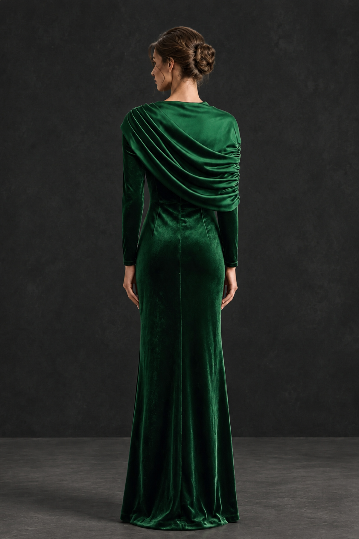 BOLODOO Emerald Green Velvet Long Sleeve Draped Mother of the Bride Dress - Emerald Green - Emerald_Green_2