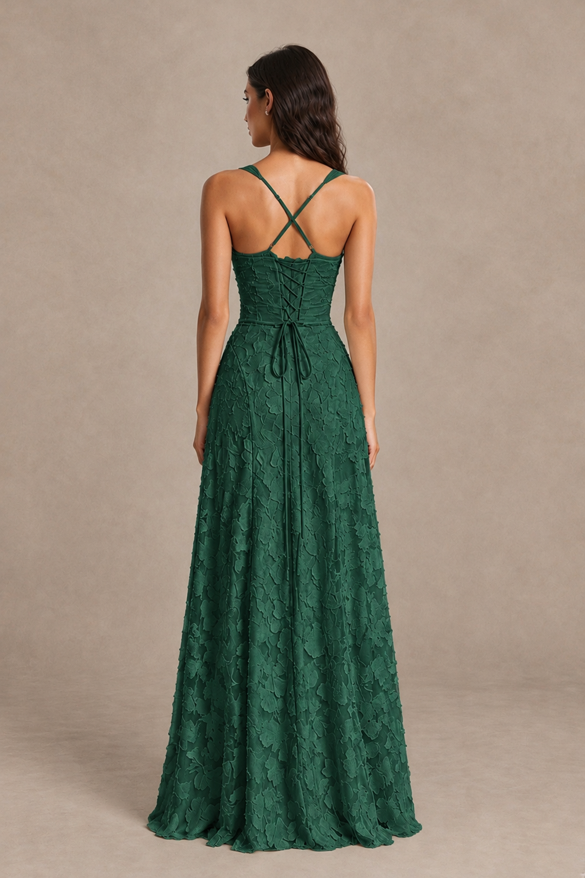 BOLODOO Emerald Green Floral-Textured A-Line Dress with Lace-Up Back - Emerald Green - Emerald Green_2