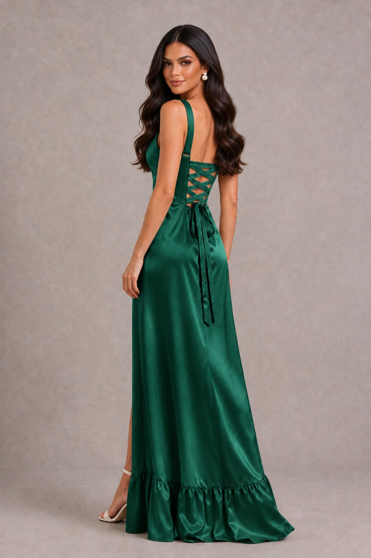 BOLODOO Emerald Green Square Neck Satin Evening Dress with Lace-Up Back and High Slit - Emerald Green - Emerald Green_2