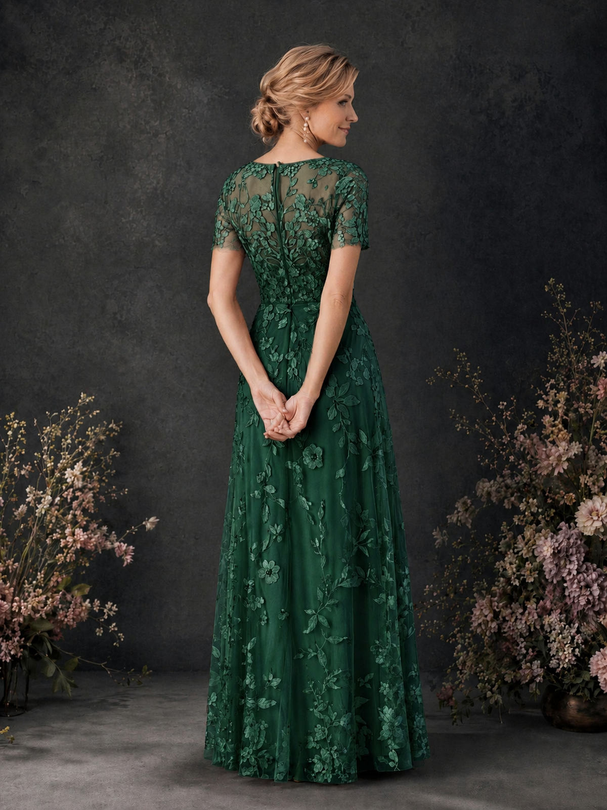 BOLODOO Emerald Green 3D Floral Embroidered Lace V-Neck Short Sleeve A-Line Maxi Dress - Emerald Green