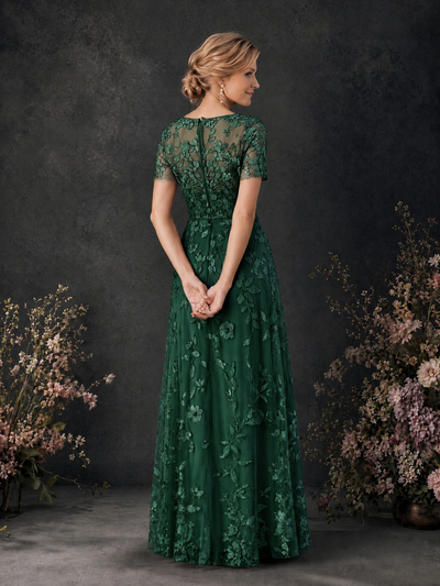 BOLODOO Emerald Green 3D Floral Embroidered Lace V-Neck Short Sleeve A-Line Maxi Dress - Emerald Green
