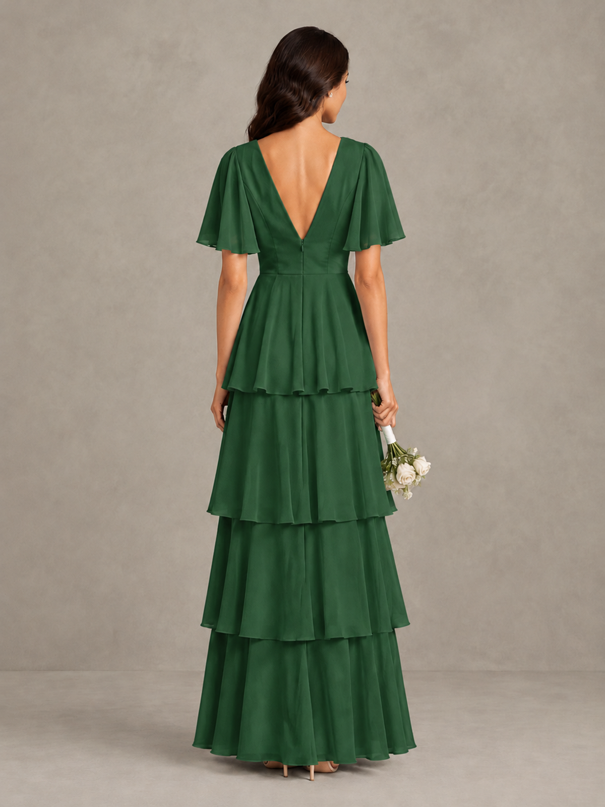 BOLODOO Emerald Green Tiered Flutter Sleeve Bridesmaid Dress - Emerald Green - Emerald Green_2
