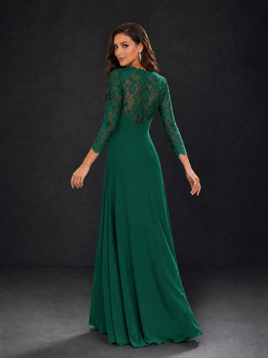 BOLODOO Emerald Green Lace Sleeve V-Neck Floral Waist Chiffon A-Line Maxi Dress - Emerald Green
