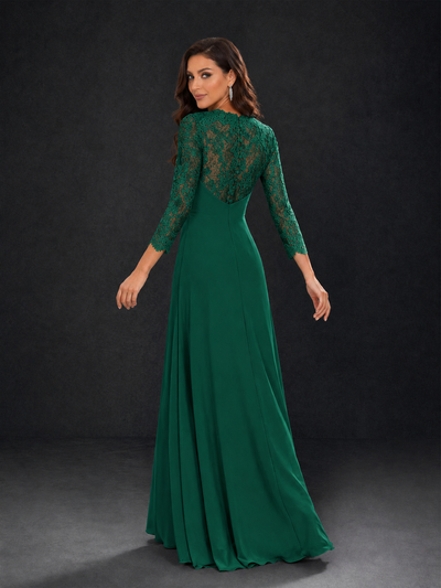 BOLODOO Emerald Green Lace Sleeve V-Neck Floral Waist Chiffon A-Line Maxi Dress - Emerald Green
