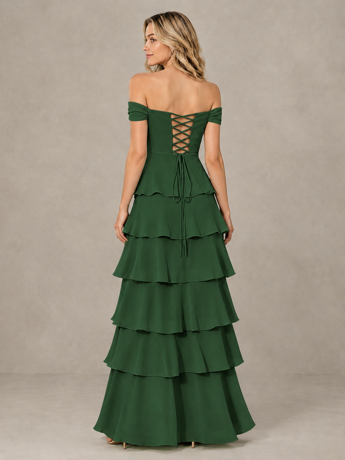 BOLODOO Emerald Green Off-Shoulder Tiered Ruffle Bridesmaid Dress with Lace-Up Back - Emerald Green - Emerald Green_2