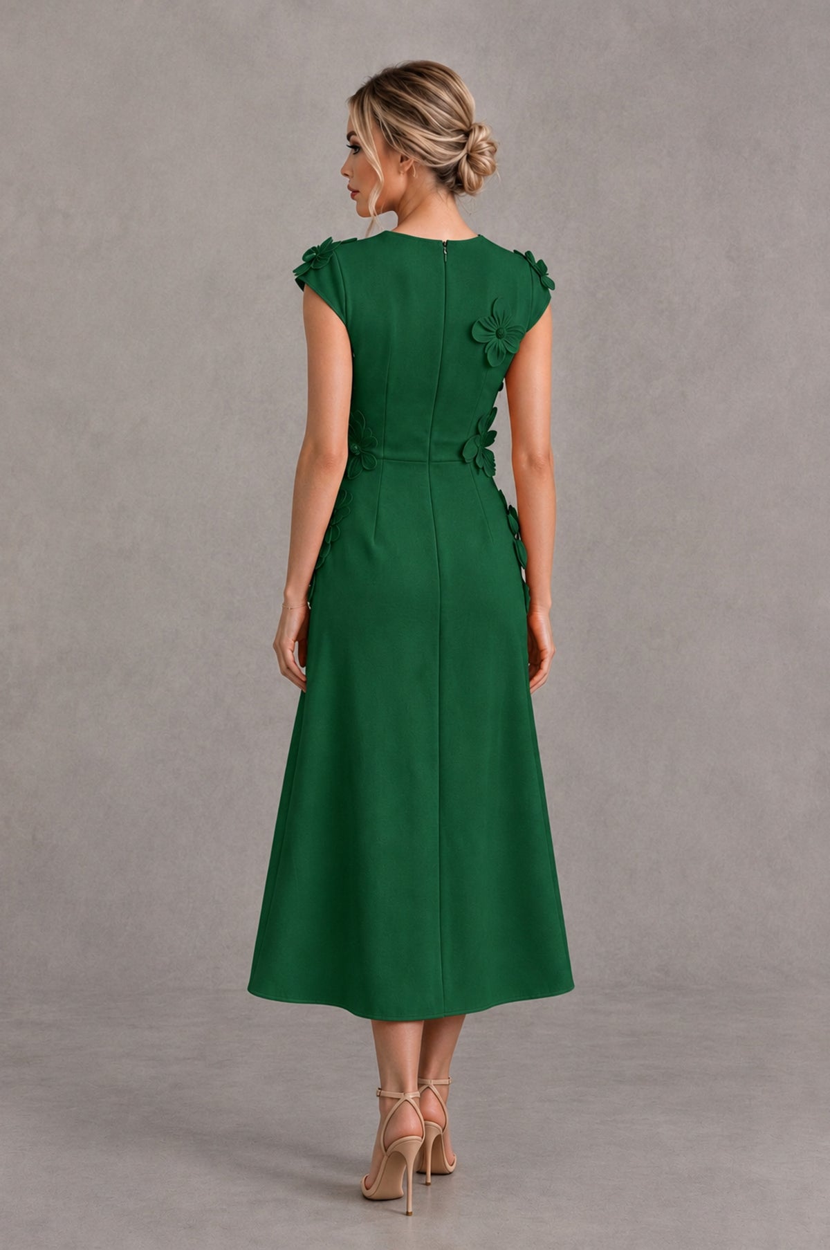 BOLODOO Emerald Green 3D Floral Cap Sleeve Midi Cocktail Dress - Emerald Green - Emerald Green_2