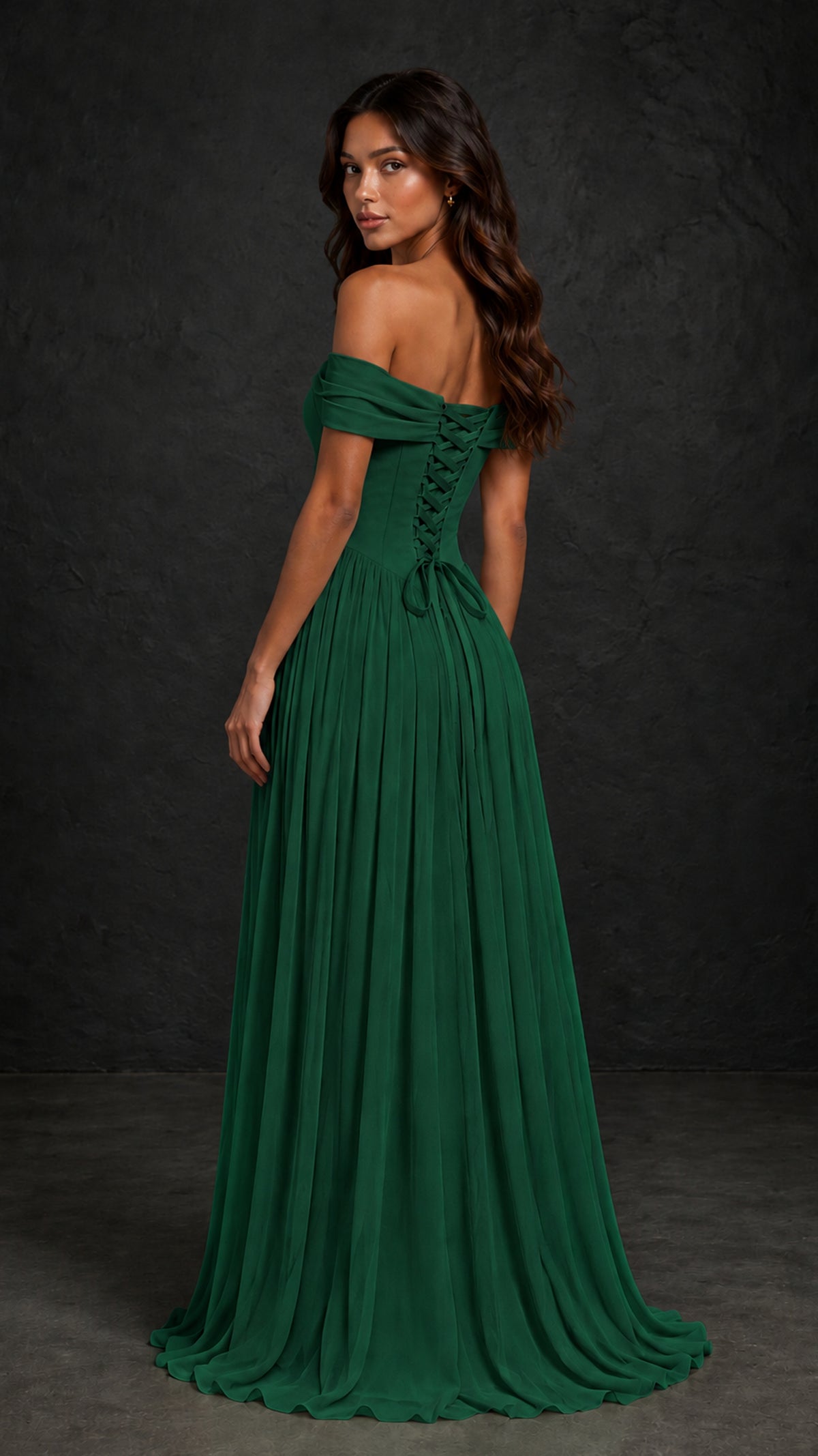 BOLODOO Emerald Green Off-Shoulder Sweetheart Corset Pleated Chiffon Maxi Dress - Emerald Green