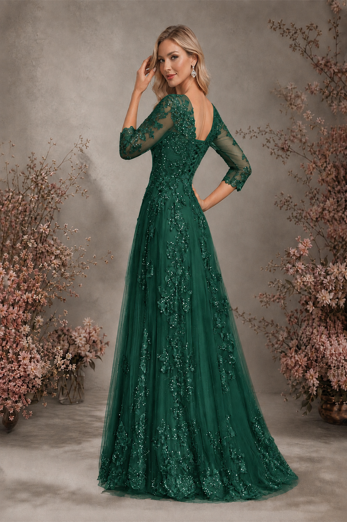 BOLODOO Emerald Green Sequin Lace 3/4 Sleeve Open Back Formal Evening Gown - Emerald Green
