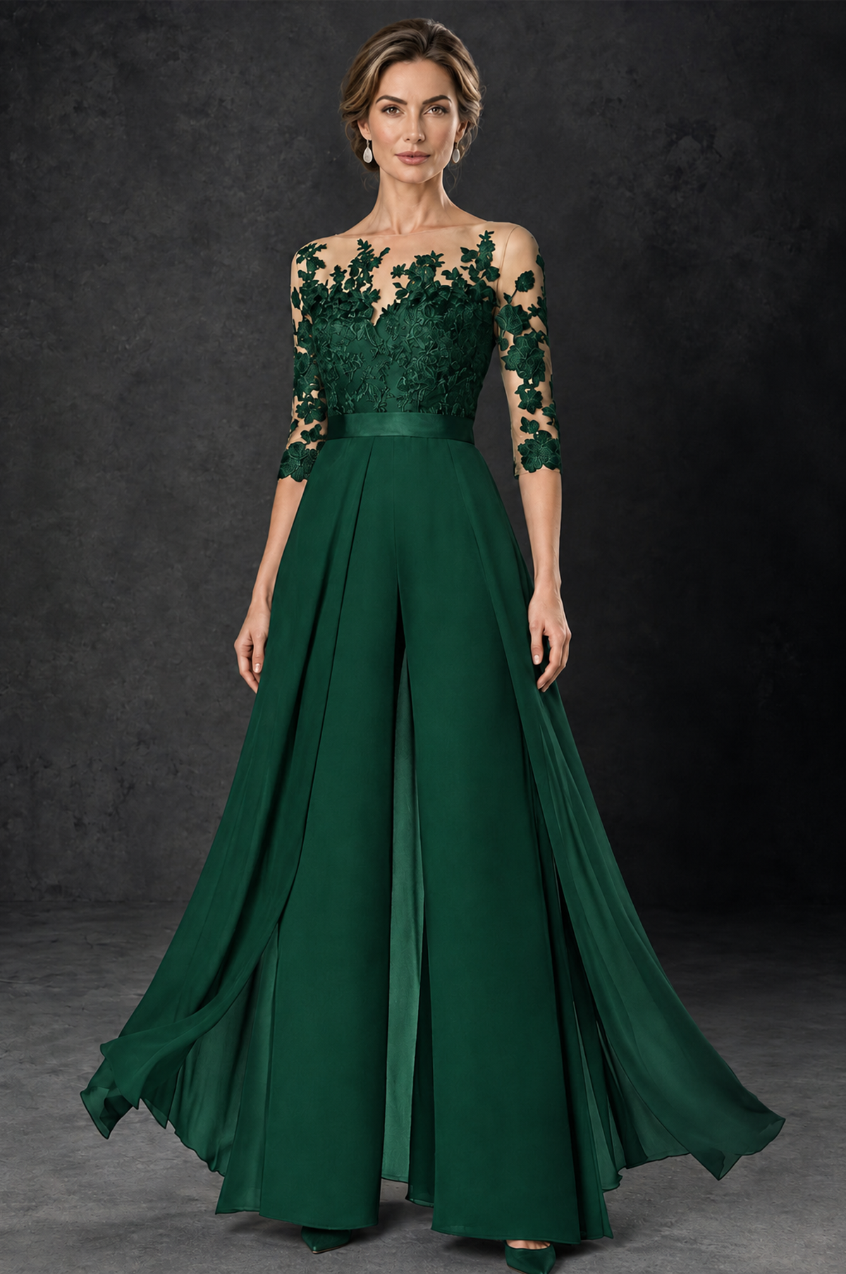 BOLODOO Emerald Green Lace Wide-Leg Jumpsuit with Three-Quarter Sleeves - Emerald Green - Emerald_Green_2