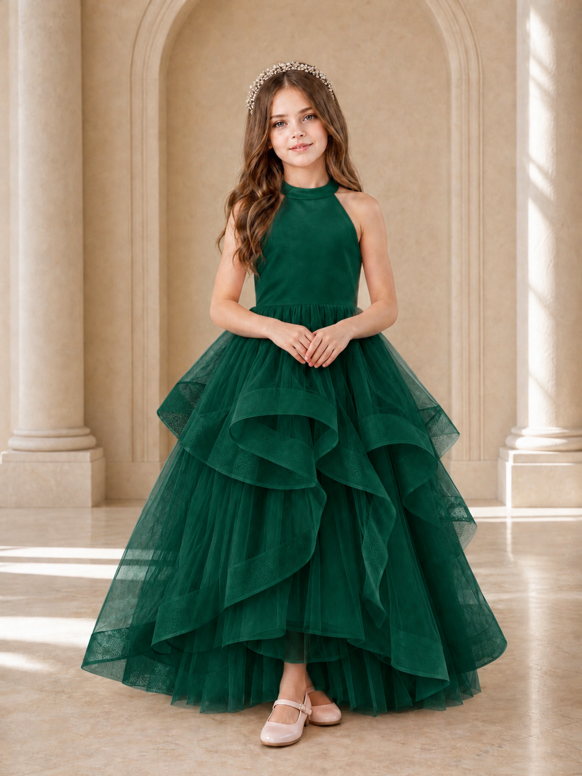 BOLODOO Emerald Green Halter Tiered Tulle Flower Girl Dress with Bow Back - Emerald Green - Emerald Green_2
