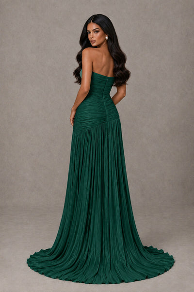 BOLODOO Emerald Green Metallic Ruched Strapless Pleated A-Line Backless Maxi Dress with Train - Emerald Green - Emerald Green_2