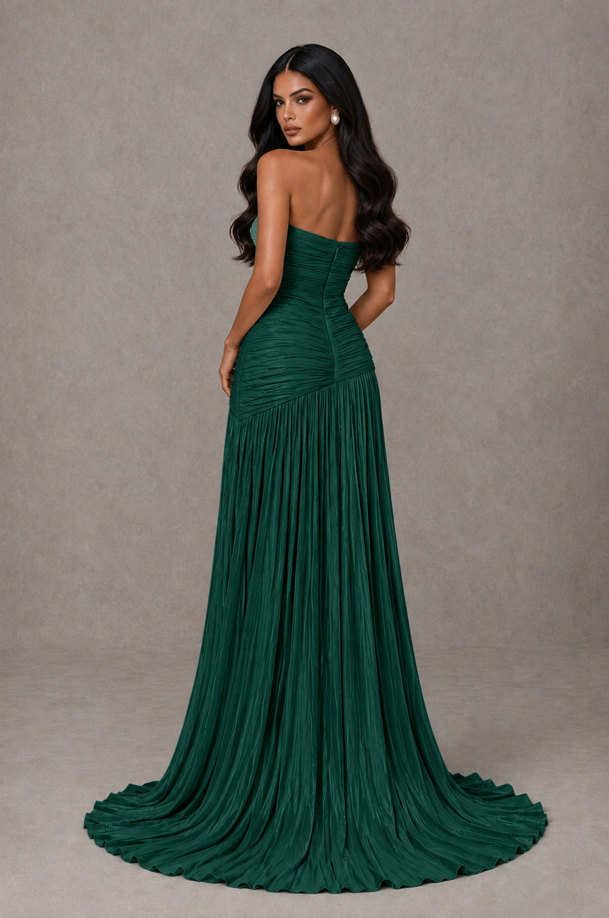 BOLODOO Emerald Green Metallic Ruched Strapless Pleated A-Line Backless Maxi Dress with Train - Emerald Green - Emerald Green_2