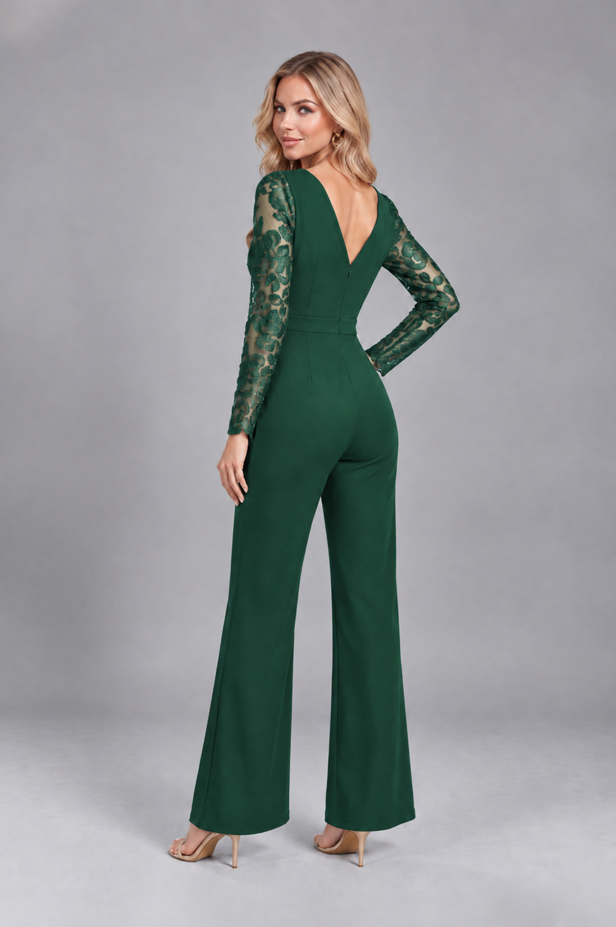 BOLODOO Emerald Green Lace Long-Sleeve V-Neck Mother Pant Suit - Emerald Green - Emerald Green_2