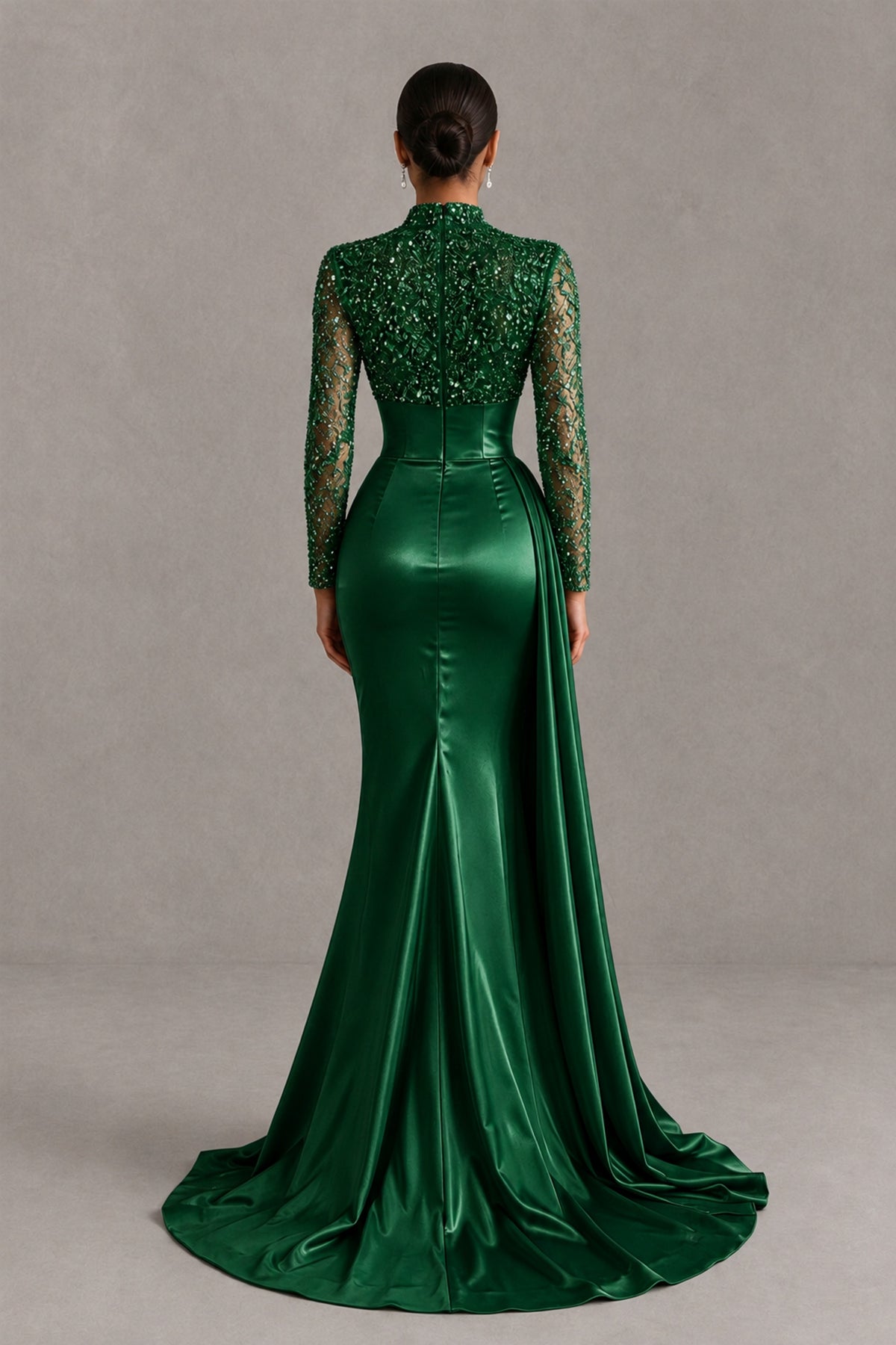 BOLODOO Emerald Green Long Sleeve Embellished Satin Mermaid Evening Gown - Emerald Green - Emerald Green_2