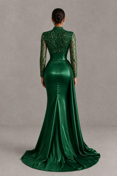 BOLODOO Emerald Green Long Sleeve Embellished Satin Mermaid Evening Gown - Emerald Green - Emerald Green_2