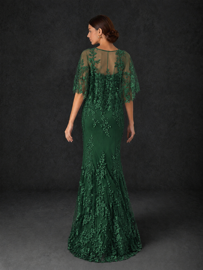 BOLODOO Mocha Rose Botanical Lace Flutter Sleeve Mermaid Gown - Emerald Green - Emerald Green