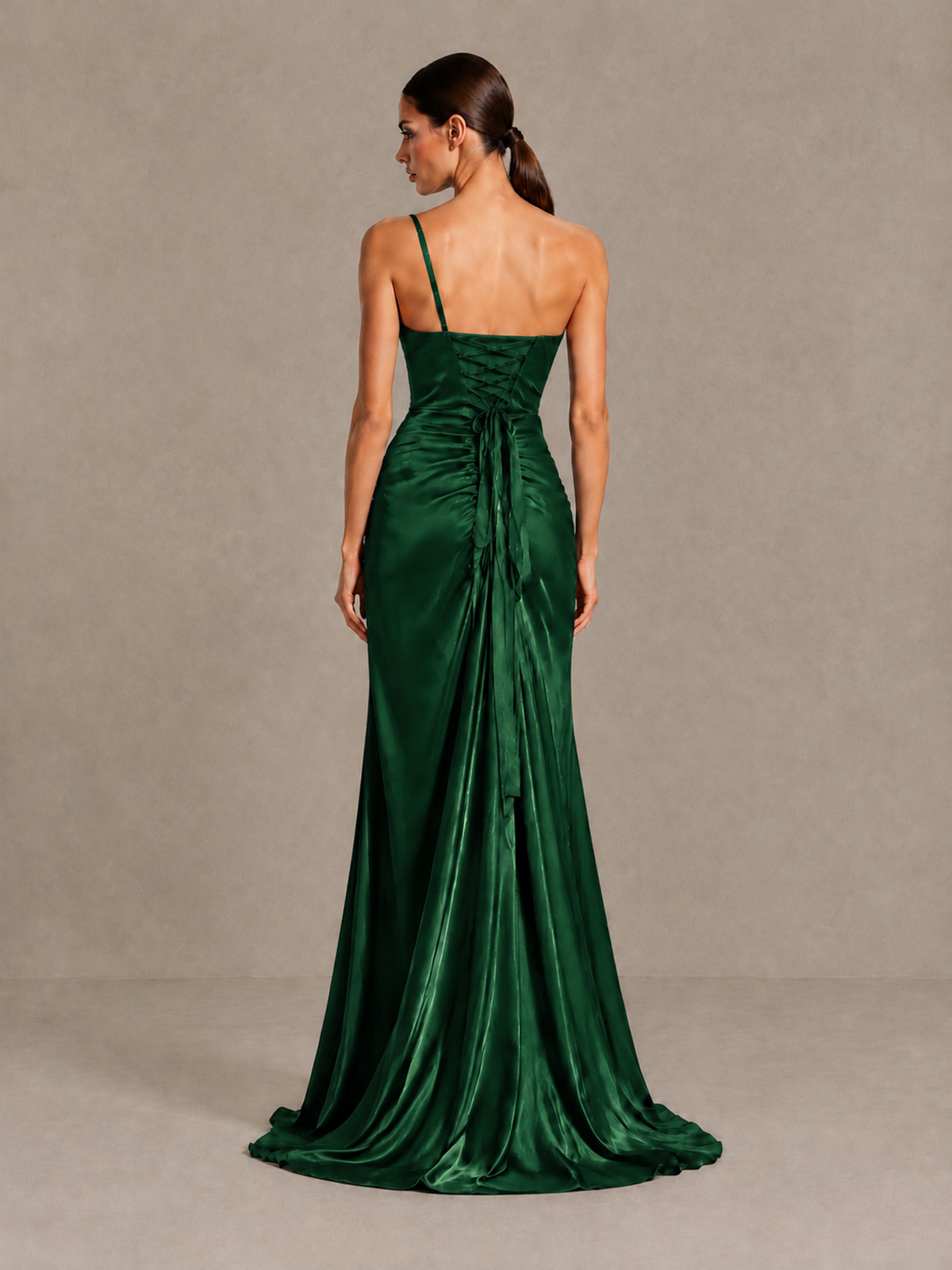 BOLODOO Emerald Green One Shoulder Satin Evening Gown with High Slit and Sweep Train - Emerald Green - Emerald Green_2