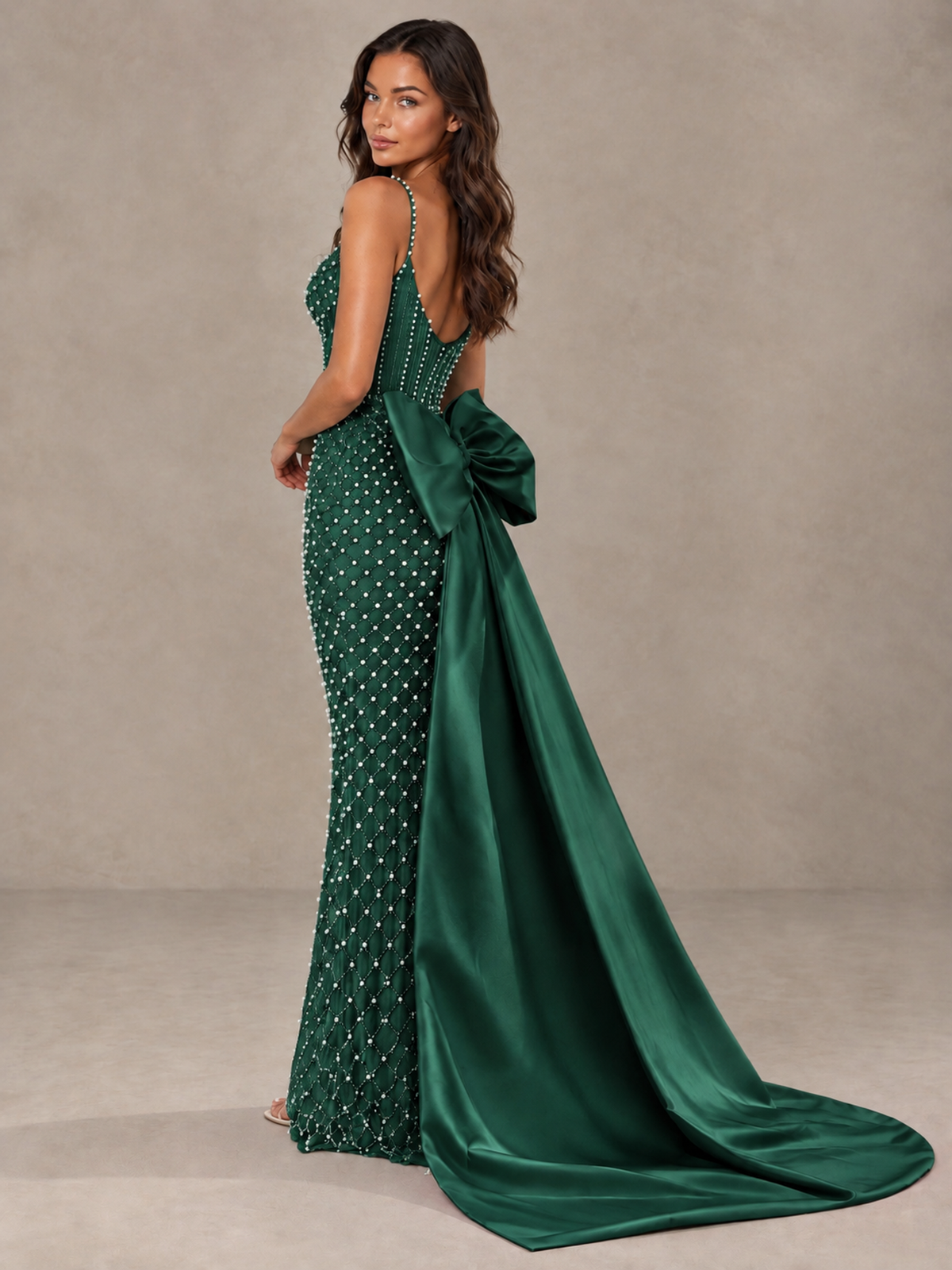 BOLODOO Emerald Green Beaded Corset Prom Dress with Bow Train - Emerald Green - Emerald_Green_2