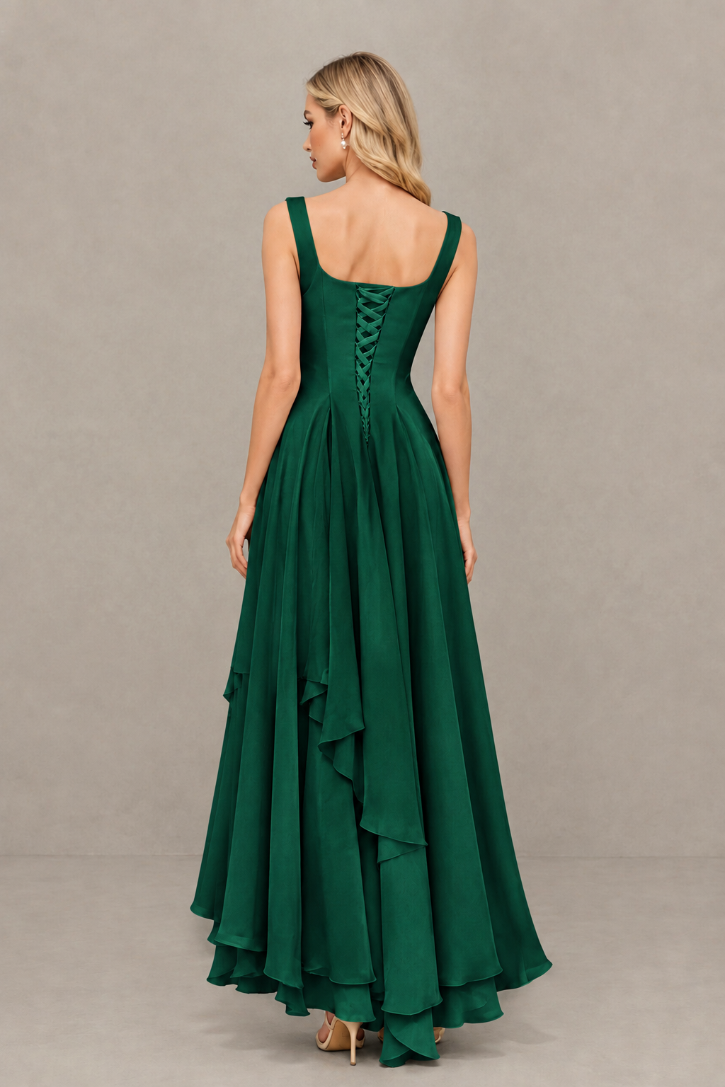 BOLODOO Emerald Green Square Neck Chiffon Bridesmaid Dress with Lace-Up Back - Emerald Green