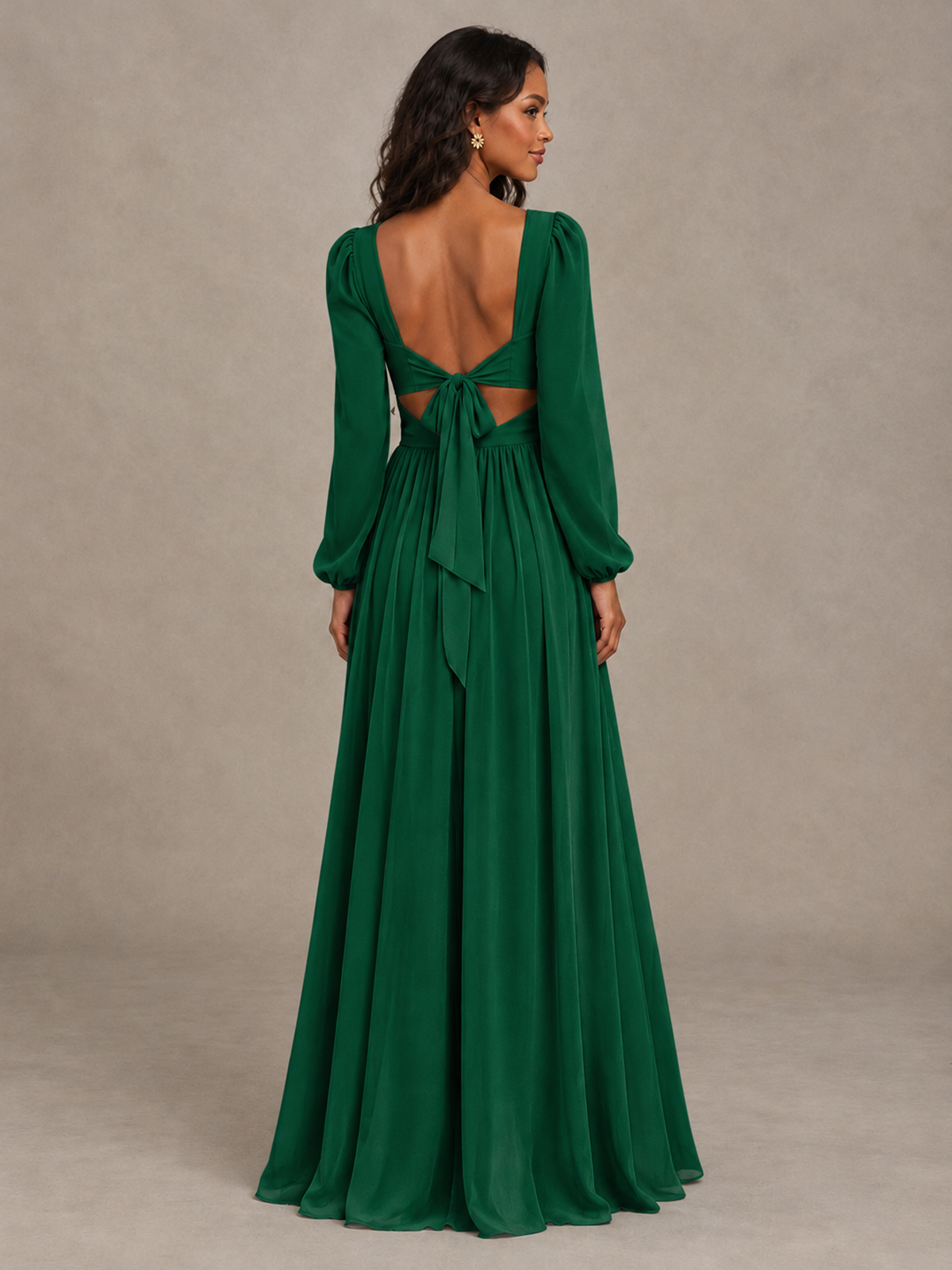 BOLODOO Emerald Green V-Neck Long Sleeve Bridesmaid Dress with Tie Back and Slit - Emerald Green - Emerald Green_2