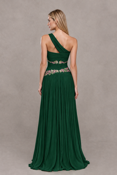 BOLODOO Emerald Green One-Shoulder Floral Applique A-Line Evening Dress - Emerald Green - Emerald Green_2