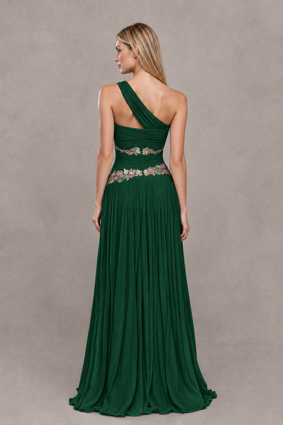 BOLODOO Emerald Green One-Shoulder Floral Applique A-Line Evening Dress - Emerald Green - Emerald Green_2