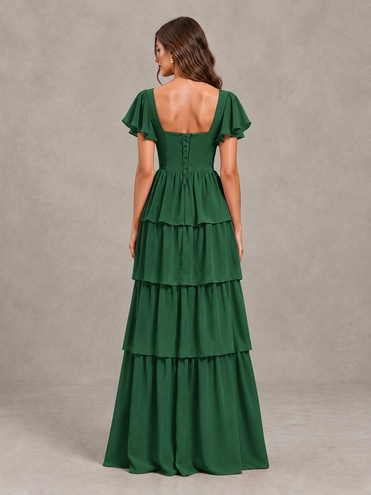BOLODOO Emerald Green Flutter Sleeve Tiered Maxi Bridesmaid Dress - Emerald Green - Emerald Green_2