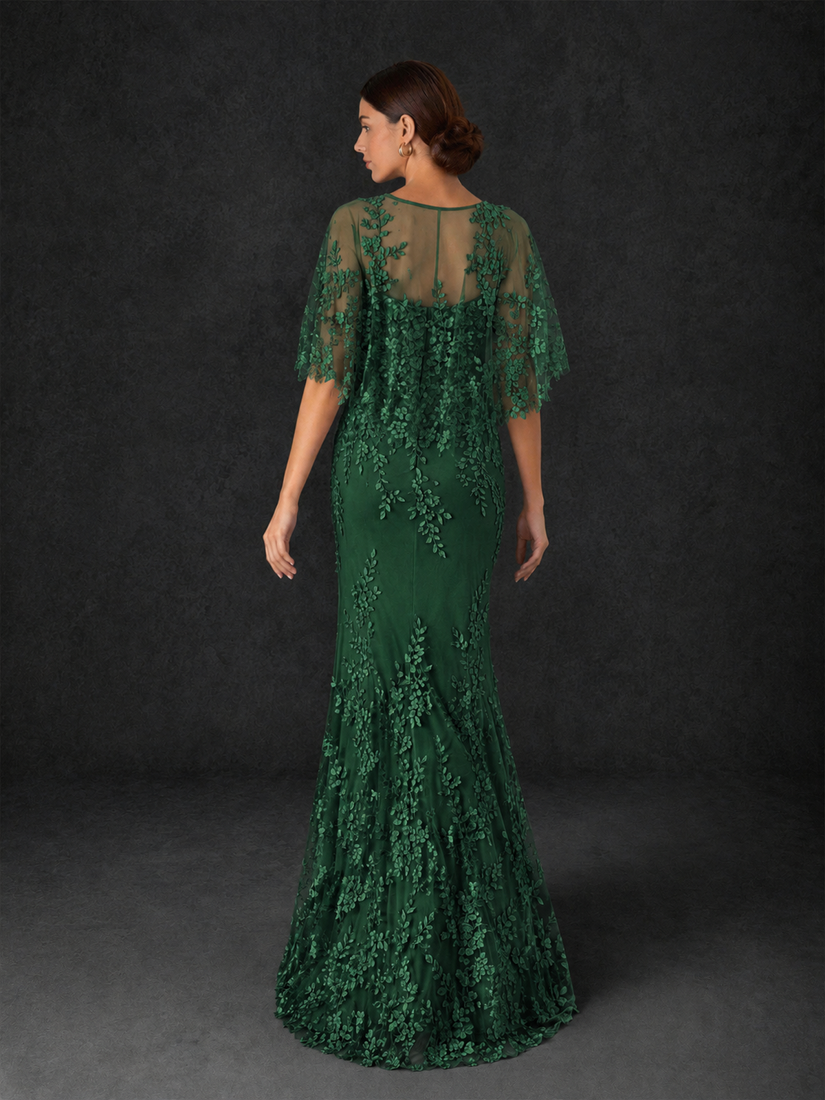 BOLODOO Mocha Emerald Green Botanical Lace Flutter Sleeve Mermaid Gown - Emerald Green