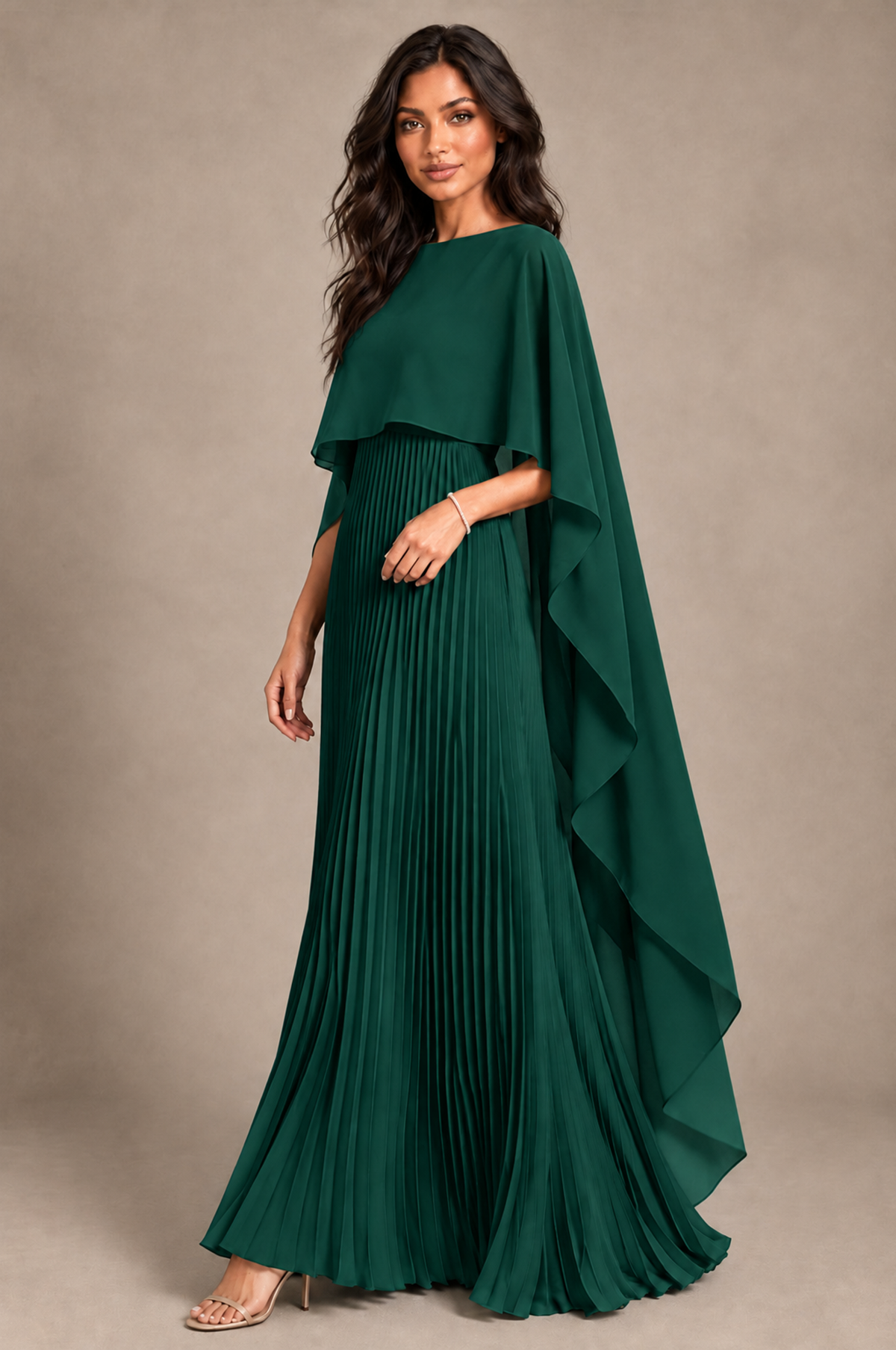 BOLODOO Emerald Green Pleated Cape A-Line Evening Dress - Emerald Green - Emerald_Green_2