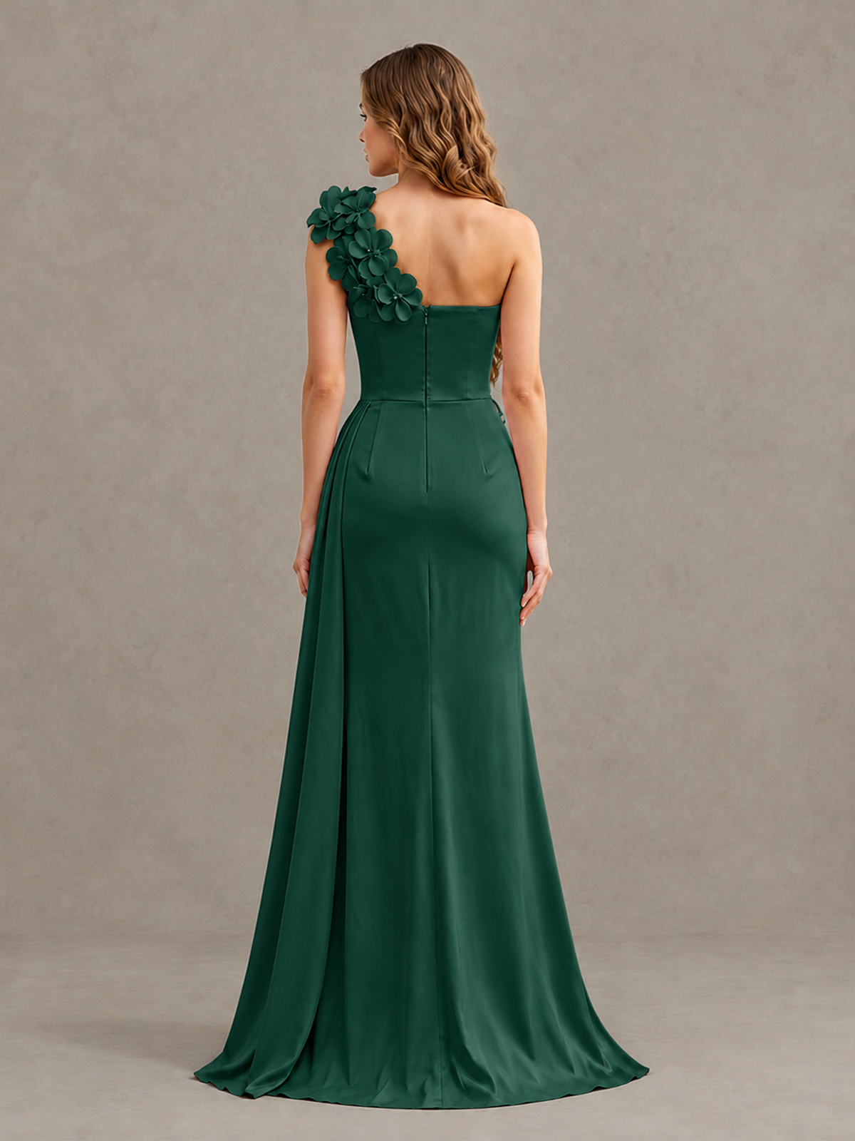BOLODOO Emerald Green One-Shoulder Satin Mermaid Evening Gown with 3D Floral Appliqué - Emerald Green - Emerald Green_2