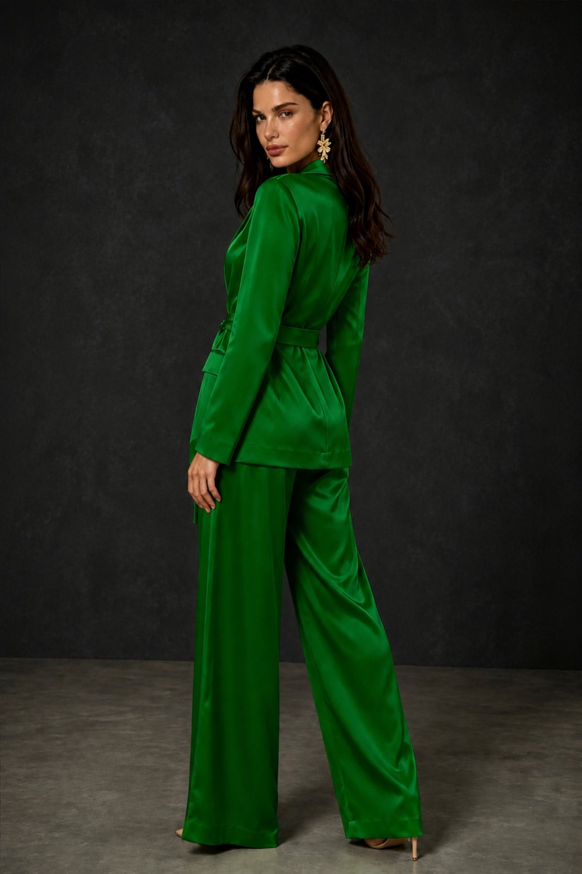 BOLODOO Emerald Green Satin Wrap Blazer Wide-Leg Pants Two-Piece Suit Set – Evening Gala Wedding Guest - Emerald Green