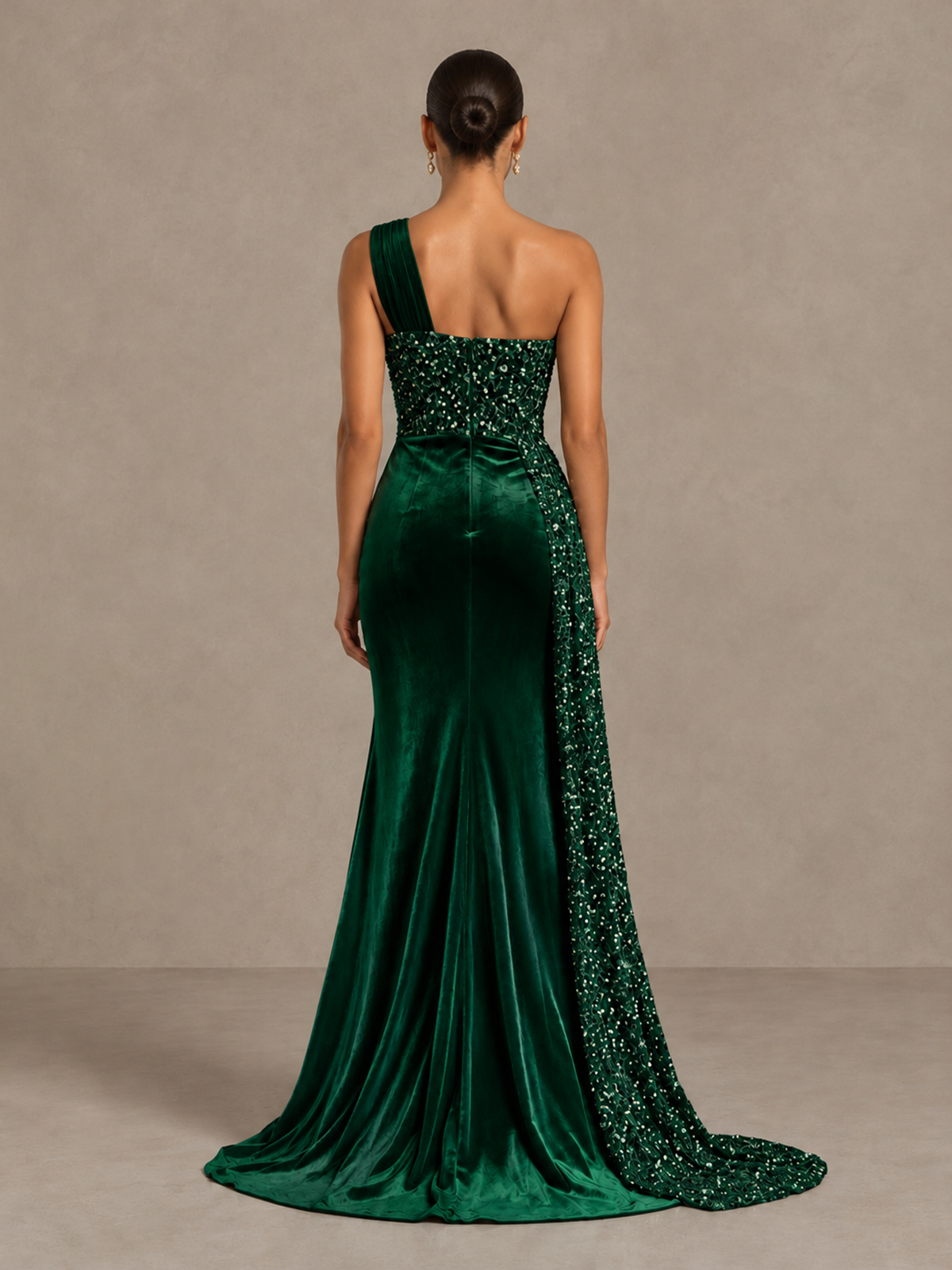 BOLODOO Emerald Green One-Shoulder Satin Sequin Gown with High Slit - Emerald Green - Emerald Green_2