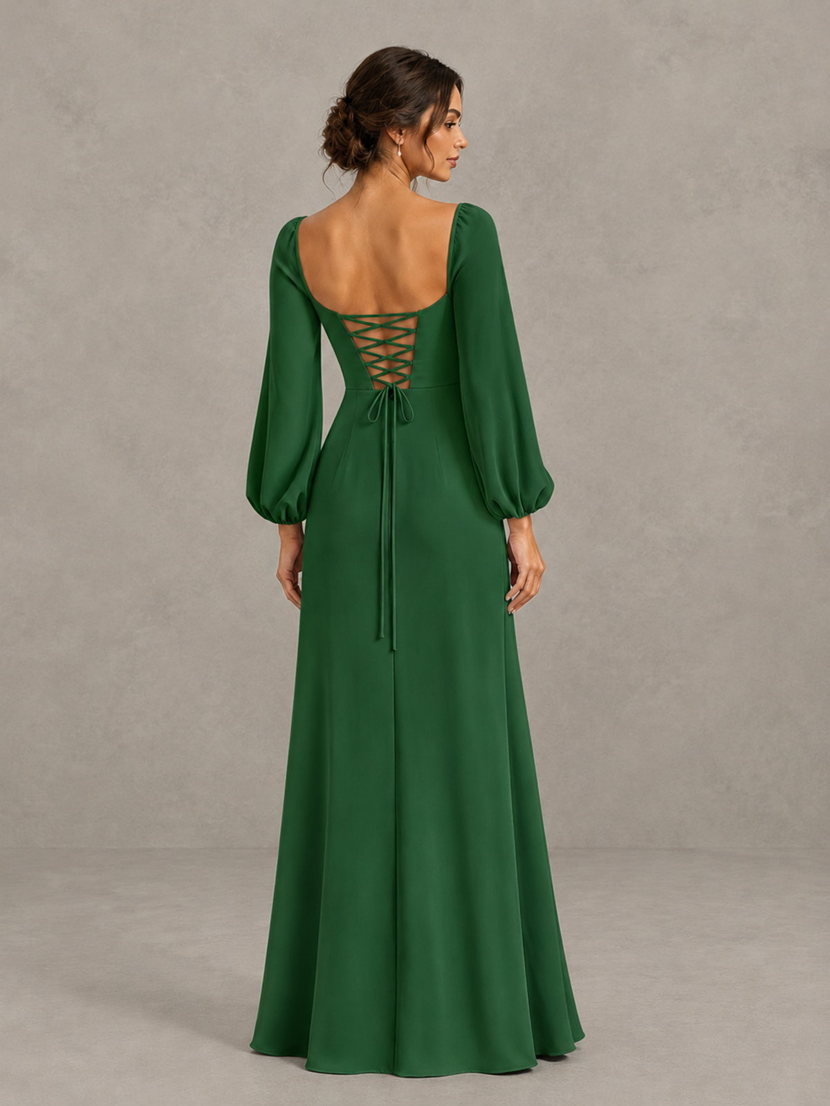 BOLODOO Emerald Green Square Neck Long Sleeve Bridesmaid Dress with High Slit - Emerald Green - Emerald Green_2