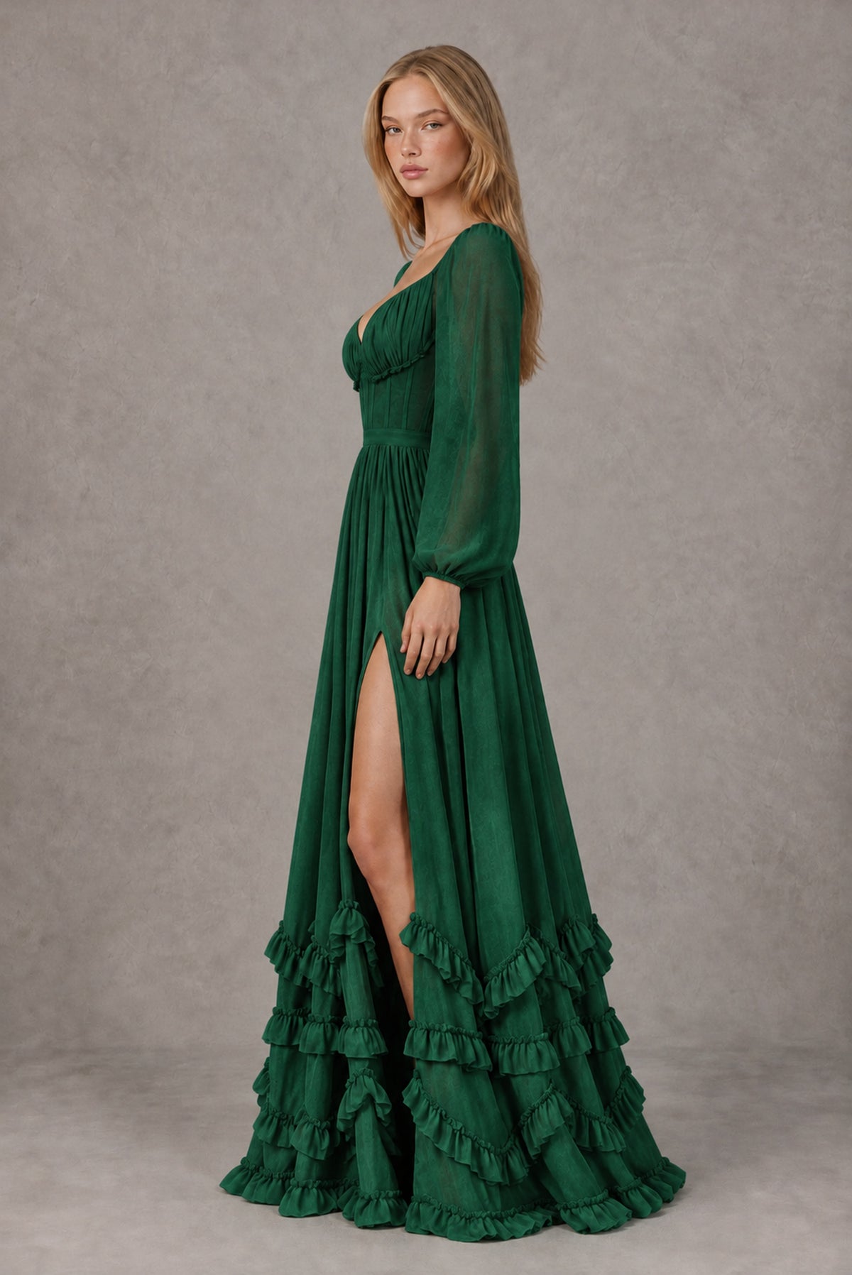 Emerald Green Long-Sleeve Ruffle Maxi Dress with Lace-Up Back and Slit - Emerald Green