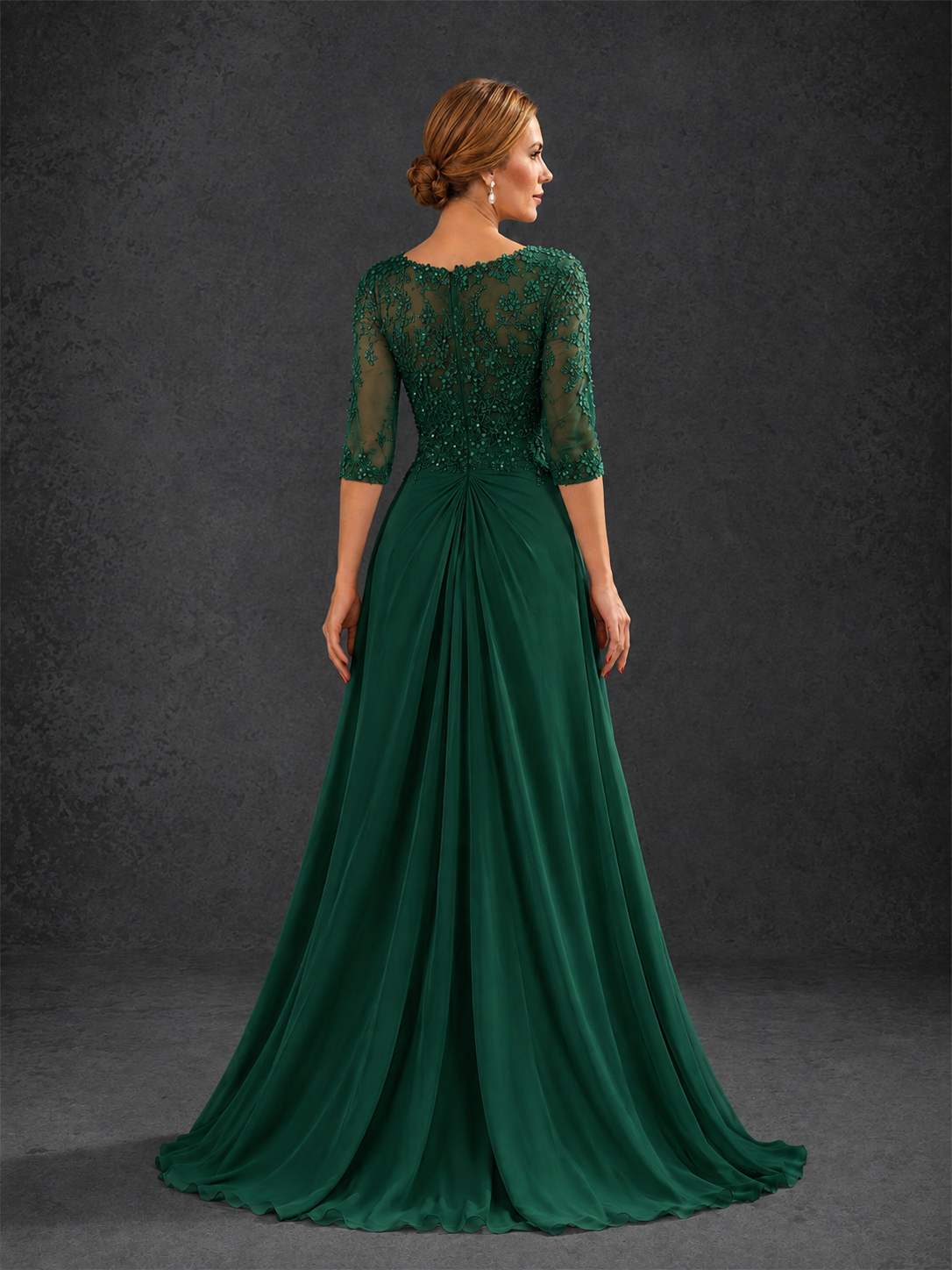 BOLODOO Emerald Green Sweetheart Neck 3/4 Sleeve Floral Lace Illusion Bodice Chiffon A-Line Gown - Emerald Green