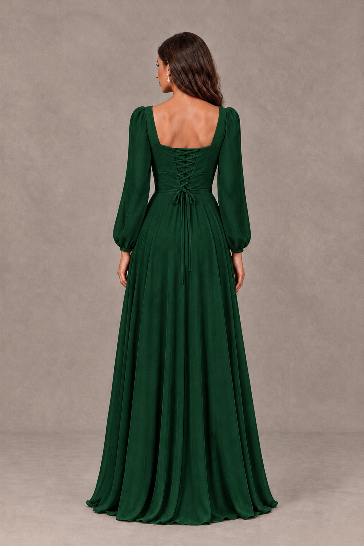 BOLODOO Emerald Green Square Neck Long Sleeve A-Line Bridesmaid Dress - Emerald Green - Emerald Green_2