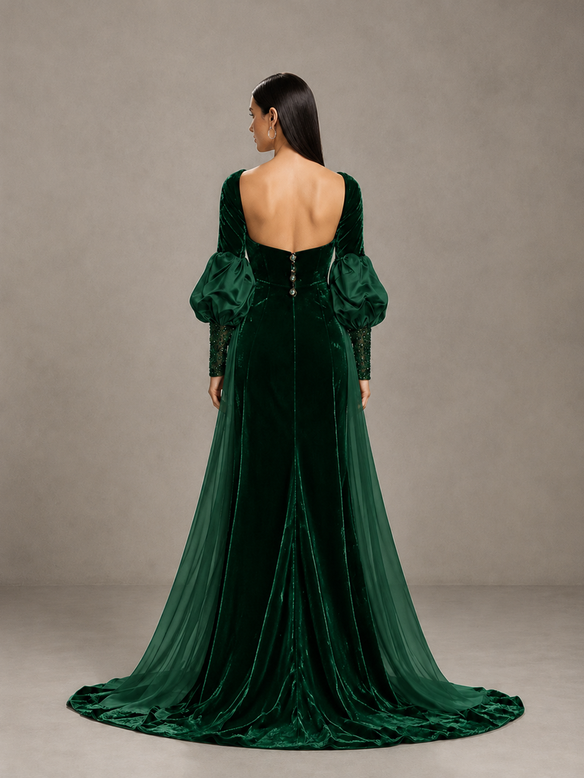 BOLODOO Emerald Green Velvet Long Sleeve Open-Back Evening Gown - Emerald Green - Emerald Green_2