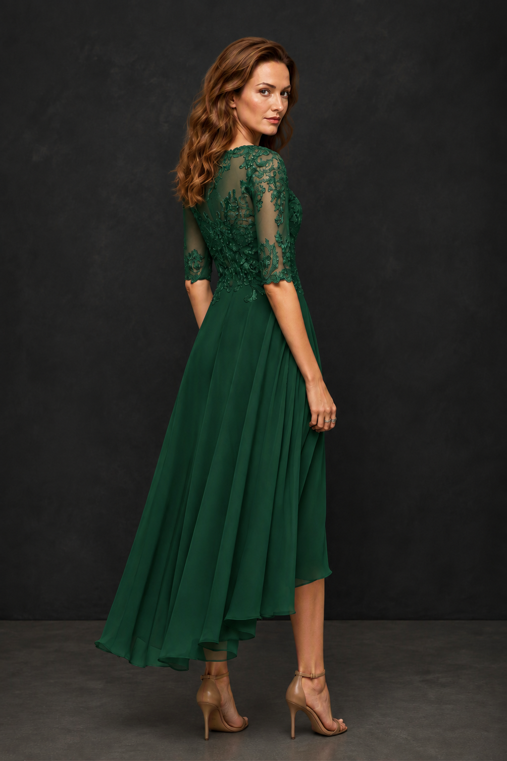 BOLODOO Emerald Green Illusion Lace 3/4 Sleeve Hi-Lo Chiffon A-Line Dress | Mother of the Bride Tea Length Dress - Emerald Green