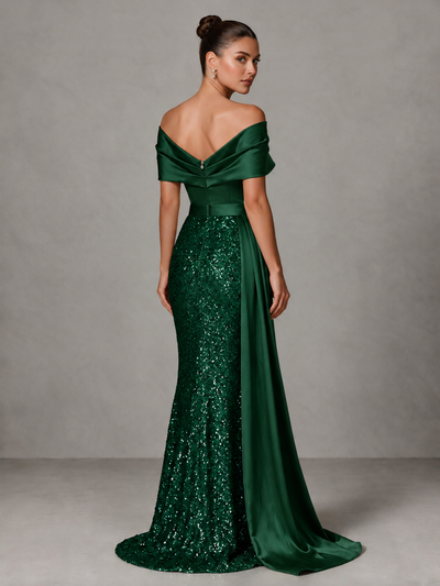 BOLODOO Emerald Green Sequin Mermaid Evening Dress with Off-Shoulder Satin Drape and Sweep Train - Emerald Green - Emerald Green_2