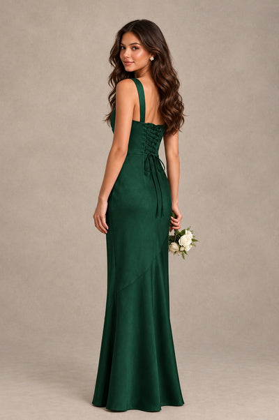 BOLODOO Emerald Green Square Neck Ruched Satin Lace-Up Bridesmaid Dress - Emerald Green - Emerald Green_2