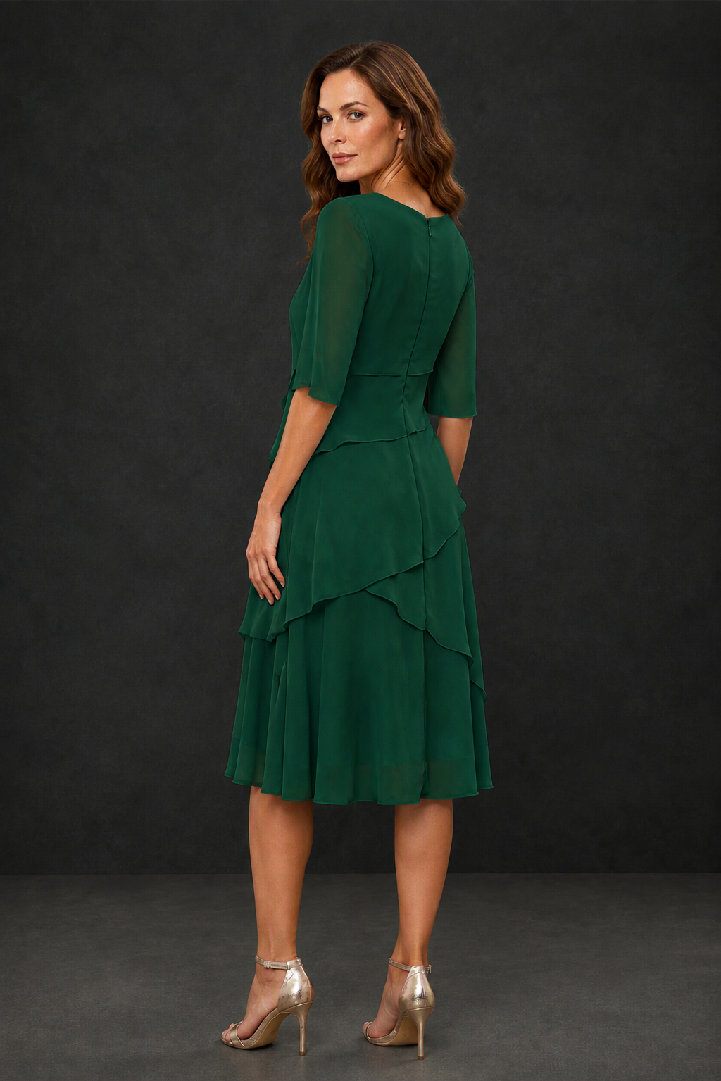 BOLODOO Emerald Green Chiffon 3/4 Sleeve Asymmetric Tiered Tea Length Dress | Mother of the Bride Midi Dress - Emerald Green