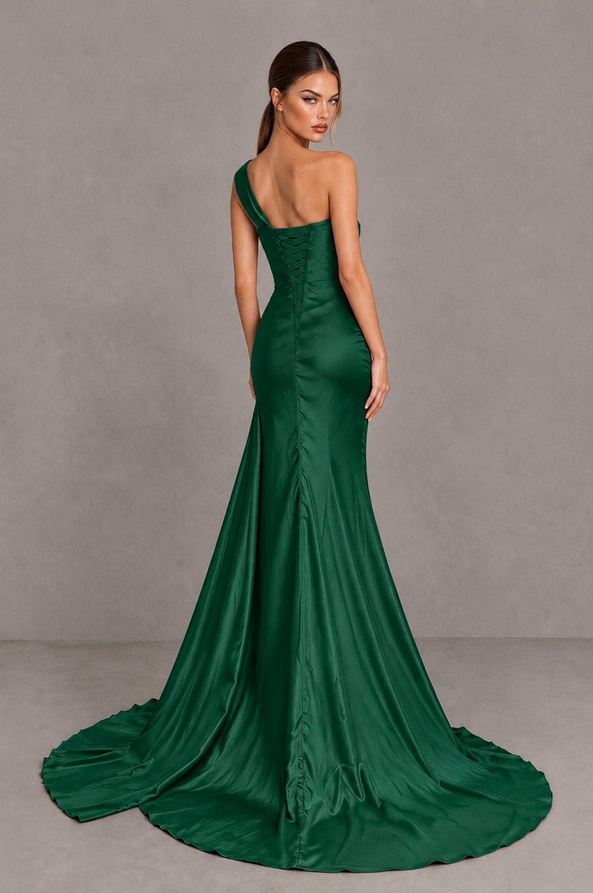 BOLODOO Emerald Green One Shoulder Satin Mermaid Evening Dress with Ruched Slit Skirt - Emerald Green - Emerald Green_2
