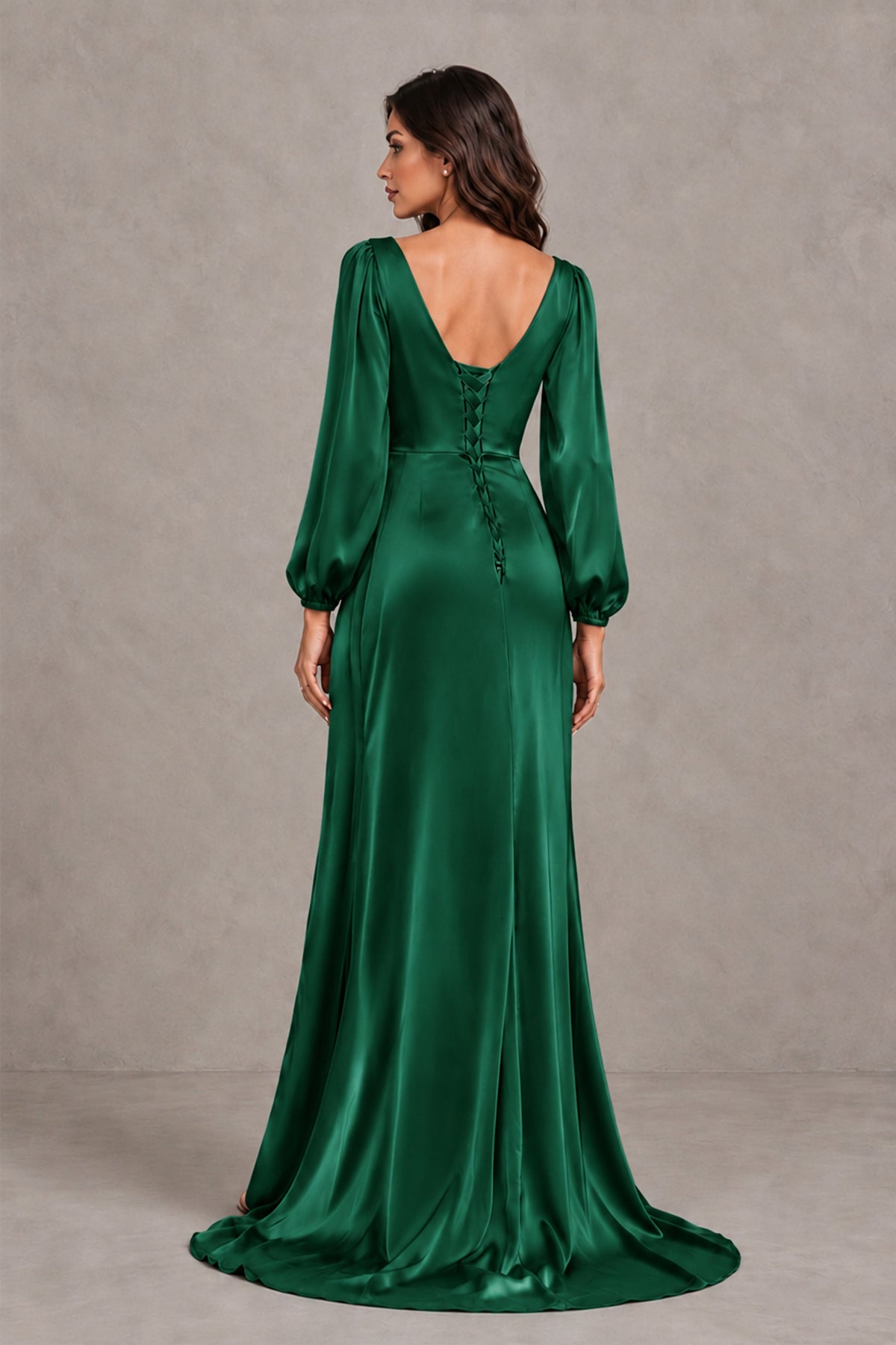 BOLODOO Emerald Green Satin-Look Long Sleeve Evening Dress with High Slit - Emerald Green - Emerald Green_2