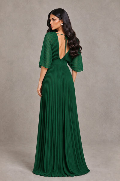 BOLODOO Emerald Green V-Neck Pleated Flutter Sleeve Formal Dress - Emerald Green - Emerald Green_2