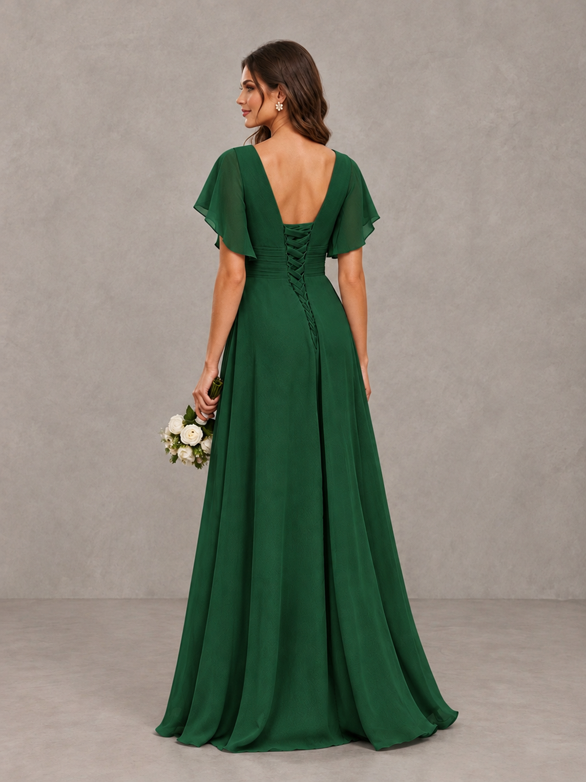 BOLODOO Emerald Green Flutter Sleeve V-Neck Bridesmaid Dress with Ruffle Slit - Emerald Green - Emerald Green_2