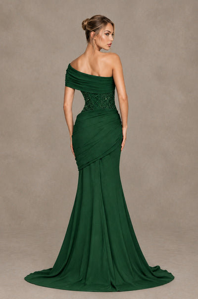 BOLODOO Emerald Green One-Shoulder Sequin Embroidered Ruched Mermaid Gown with Train - Emerald Green - Emerald Green_2