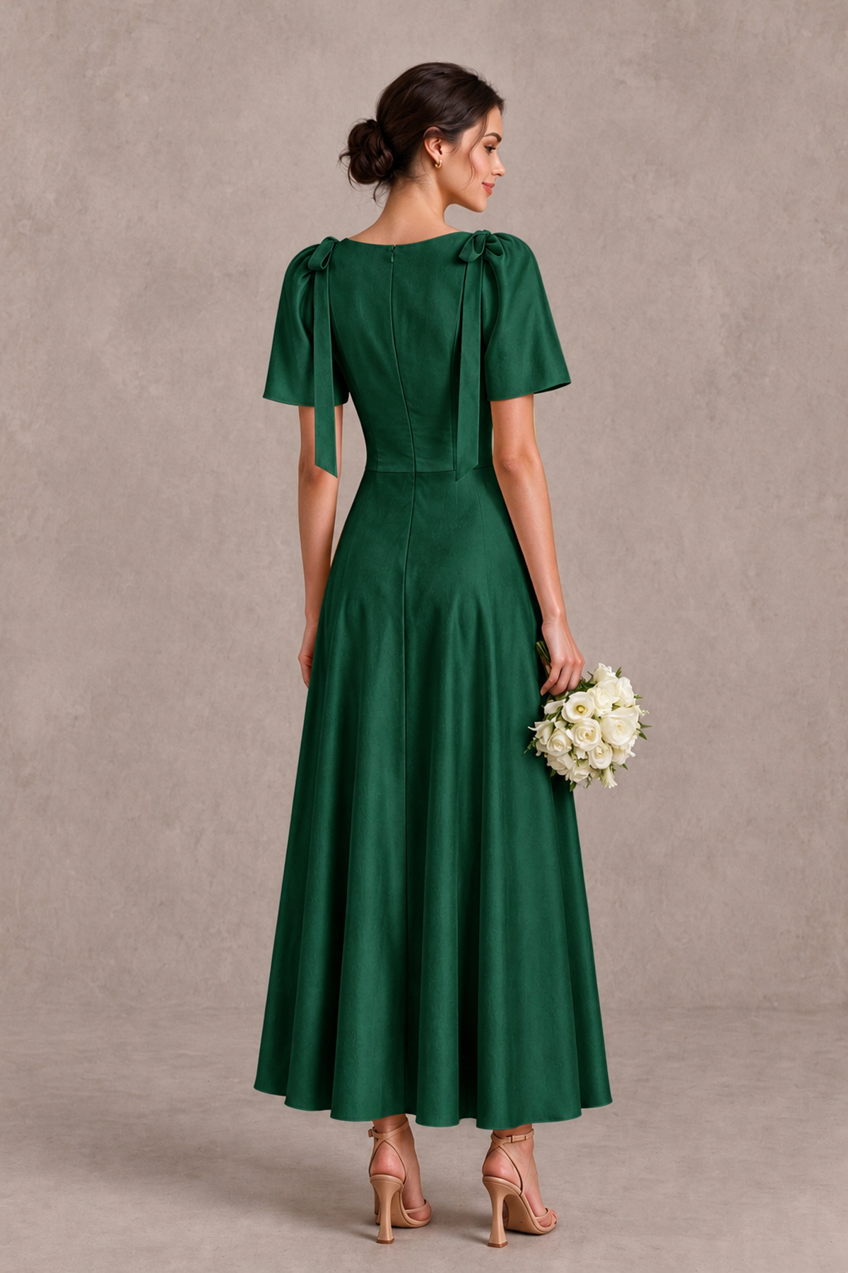 BOLODOO Emerald Green V-Neck Short Sleeve Satin-Look Bridesmaid Dress with Shoulder Bows - Emerald Green - Emerald Green_2