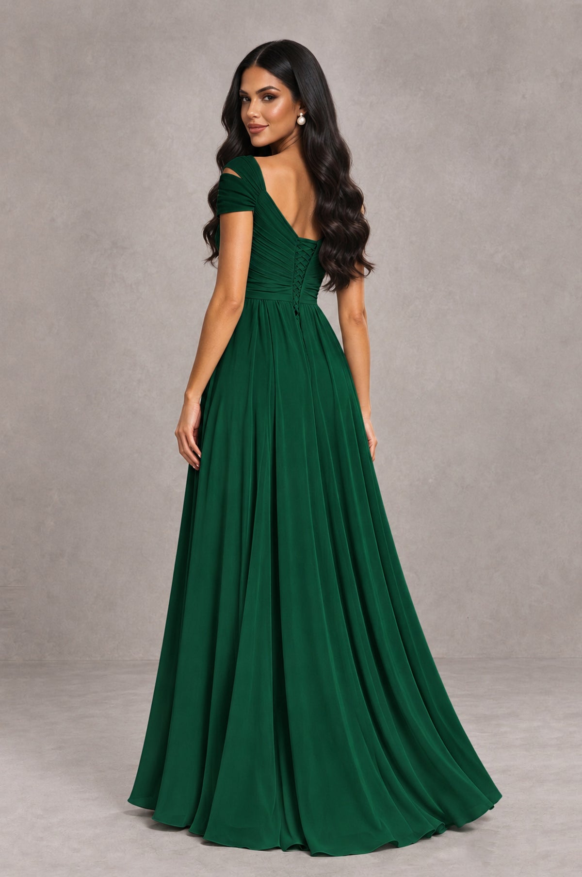 BOLODOO Emerald Green Cold Shoulder Chiffon Evening Dress with V Neck and High Slit - Emerald Green - Emerald Green_2